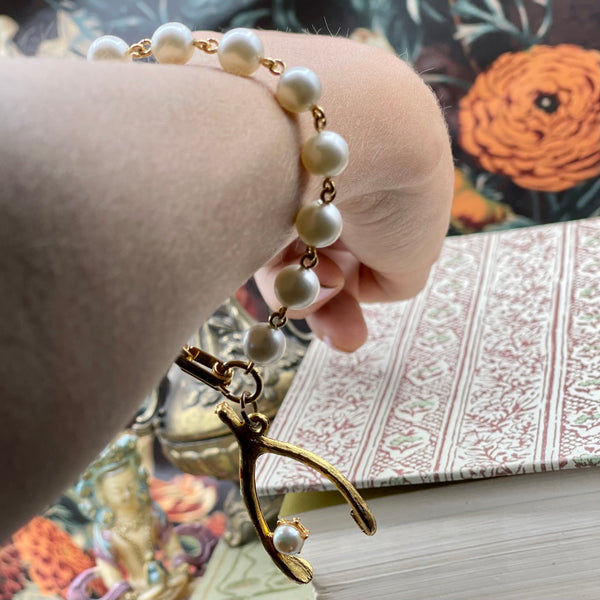Vintage Gold Tone Faux Pearl Wishbone Bracelet