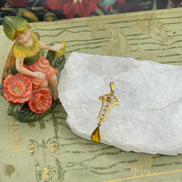 Art Nouveau 10kt Solid Yellow Gold Lavalier Citrine Pendant