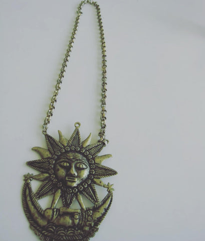Vintage Brass Mayan Sun + Moon Necklace