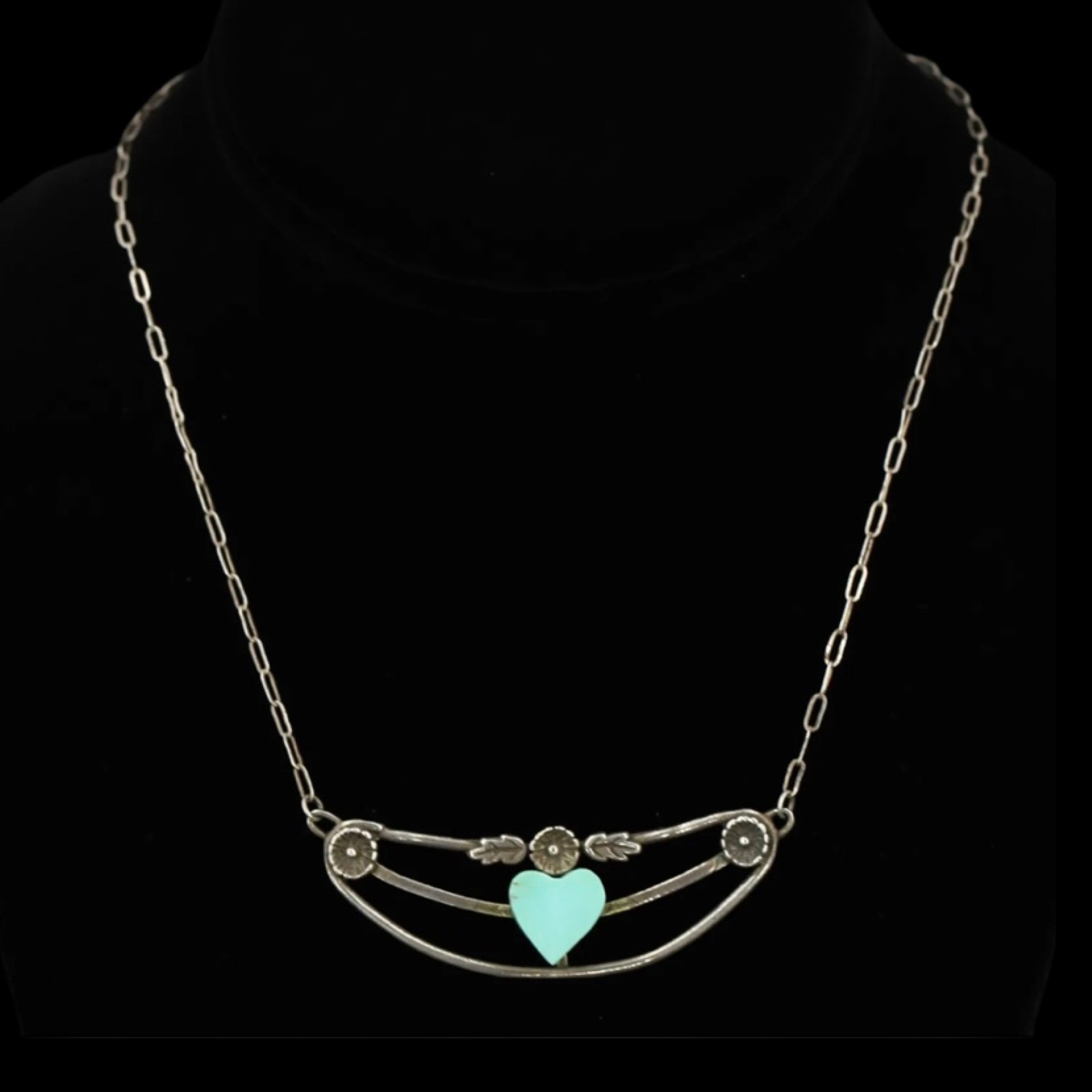 RARE Vintage 1970’s Sterling Silver and Turquoise Heart Ornate Necklace