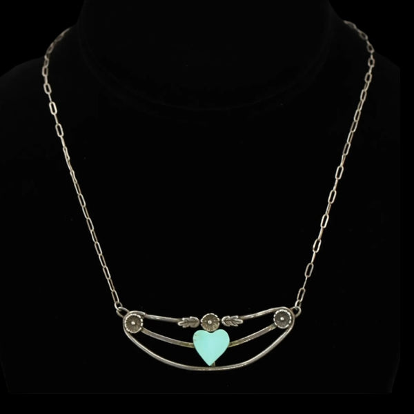 RARE Vintage 1970’s Sterling Silver and Turquoise Heart Ornate Necklace