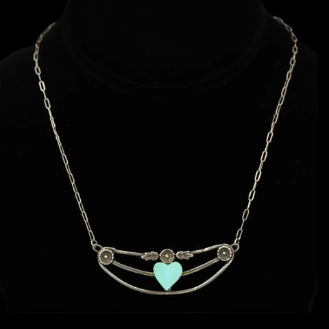 RARE Vintage 1970’s Sterling Silver and Turquoise Heart Ornate Necklace