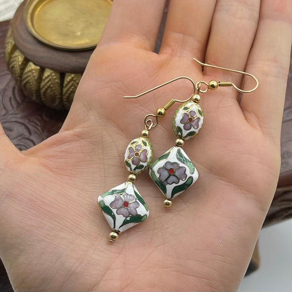 Vintage French Cloisonné Gold Plated Enamel Earrings