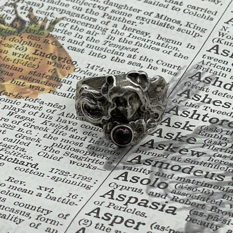 Estate Find Sterling Silver Goddess Face Ring with Amethyst Cabochon