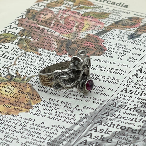 Estate Find Sterling Silver Goddess Face Ring with Amethyst Cabochon