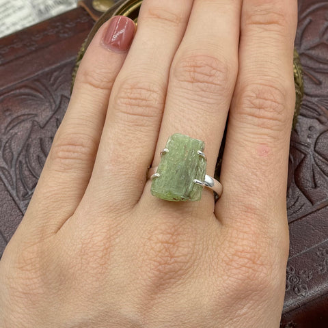 Silver Ring with Prong Set Raw Green Kyanite
