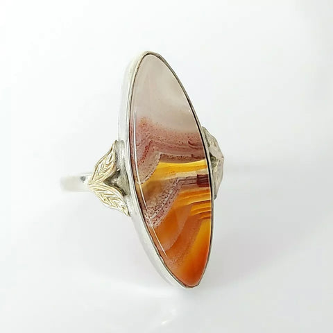 Art Deco Hallmarked Sterling Silver Banded Agate Ring with 10kt YG Shoulders