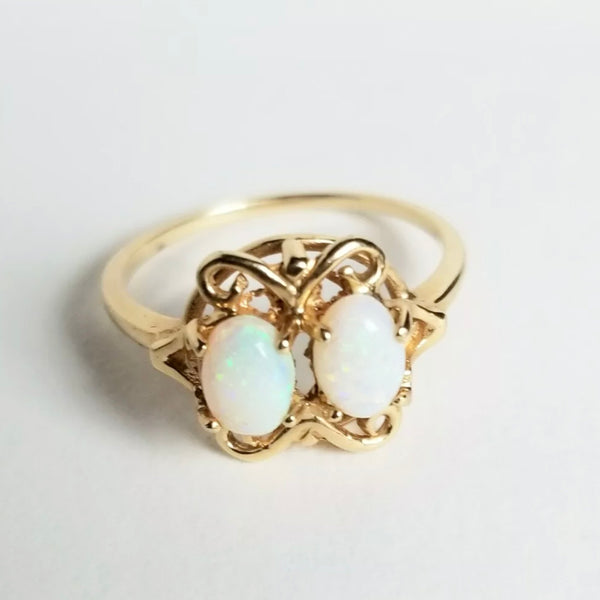 Vintage 14kt Yellow Gold Filigree Double Opal Ring