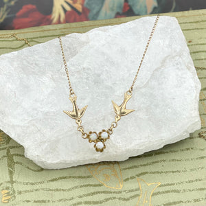 Vintage 14kt Gold Filled Love Bird Necklace with Opals