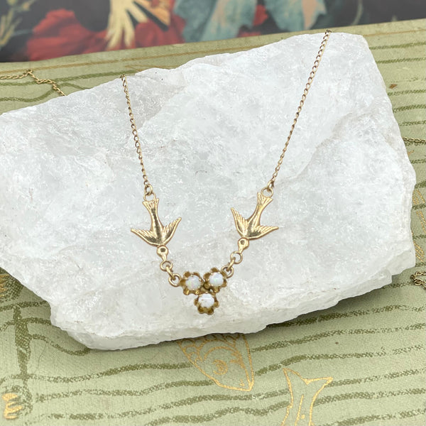 Vintage 14kt Gold Filled Love Bird Necklace with Opals