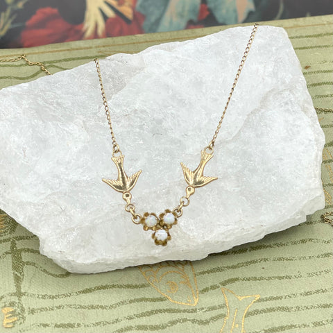 Vintage 14kt Gold Filled Love Bird Necklace with Opals