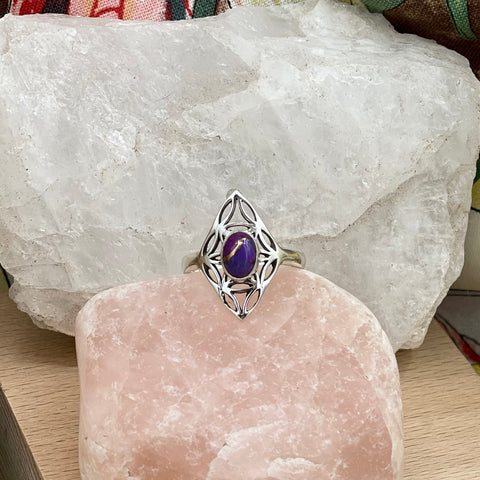 Unique Abstract Silver Ring with Purple and Gold Stone
