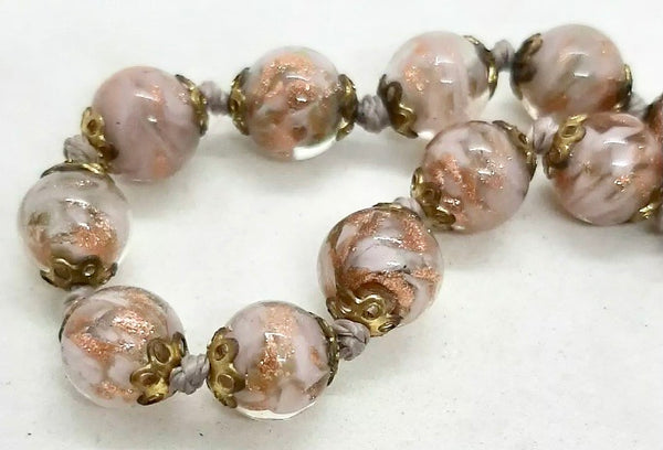 Rare Vintage Murano Glass Rose Pink & Copper Adventurine Bead Bracelet