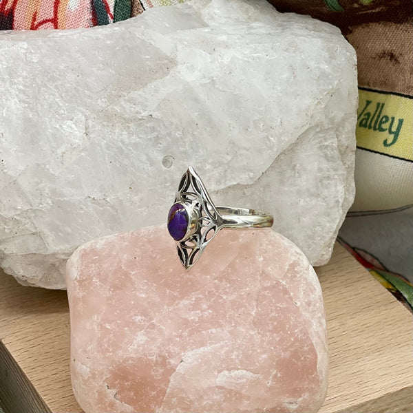 Unique Abstract Silver Ring with Purple and Gold Stone