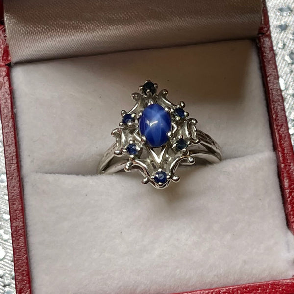 Rare 1970’s 10kt White Gold Star Sapphire Ring with Sapphire Accents