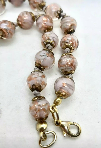 Rare Vintage Murano Glass Rose Pink & Copper Adventurine Bead Bracelet
