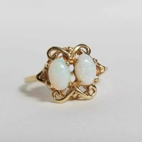 Vintage 14kt Yellow Gold Filigree Double Opal Ring