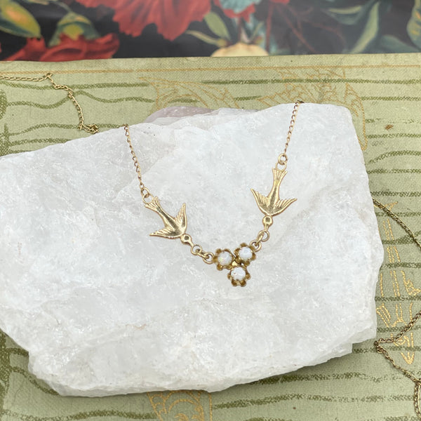 Vintage 14kt Gold Filled Love Bird Necklace with Opals