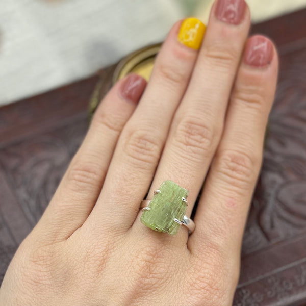 Silver Ring with Prong Set Raw Green Kyanite