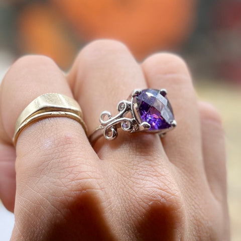 Sterling Silver Checkerboard Amethyst Filigree Ring