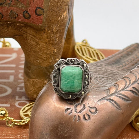Vintage Jade and Marcasite Sterling Silver Ring
