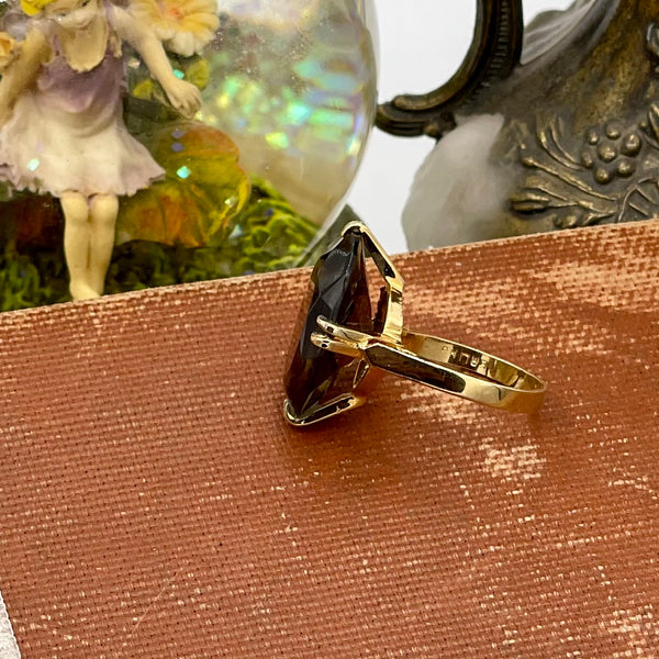 Vintage Gold Sterling Prong Set Faceted Smokey Quartz Statement Ring