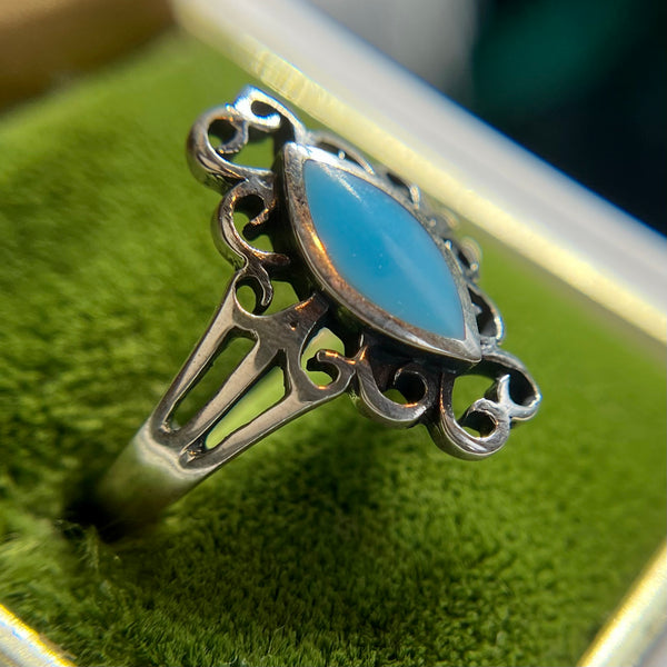 Vintage Sterling Silver Scrollwork Turquoise Enamel Ring