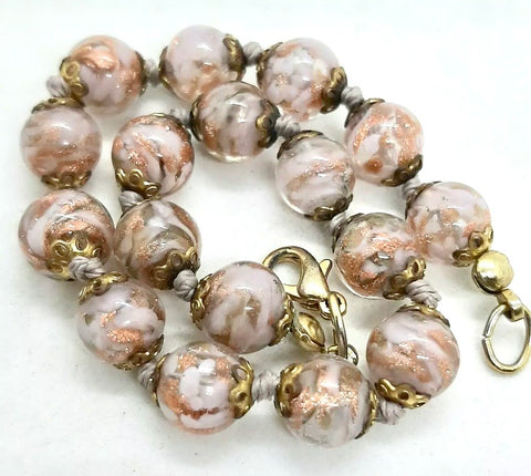 Rare Vintage Murano Glass Rose Pink & Copper Adventurine Bead Bracelet