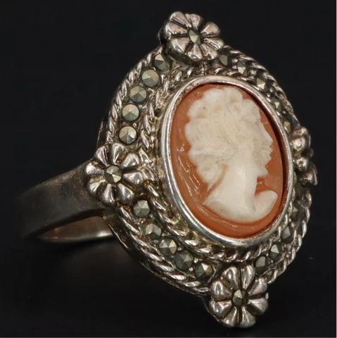 Vintage Marcasite+Sterling Silver Cameo Ring