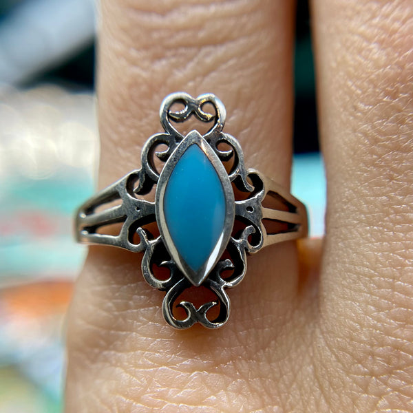 Vintage Sterling Silver Scrollwork Turquoise Enamel Ring