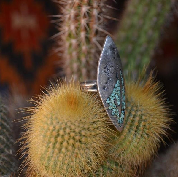 Navajo Handmade Crushed Turquoise Engraved Ring