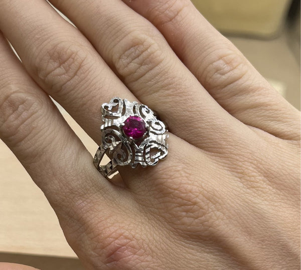 Vintage Diamond Cut Sterling Filigree Ring with Ruby