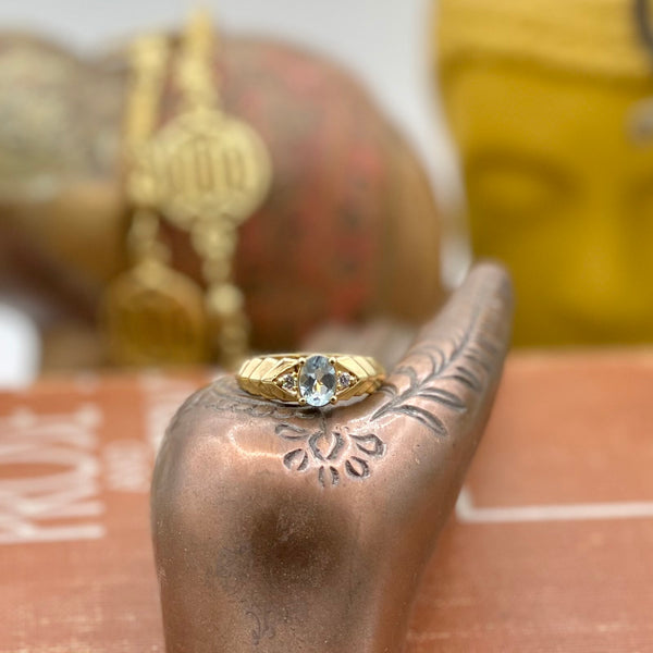 Vintage Chevron 14kt Gold Plated Pale Blue Gem Ring
