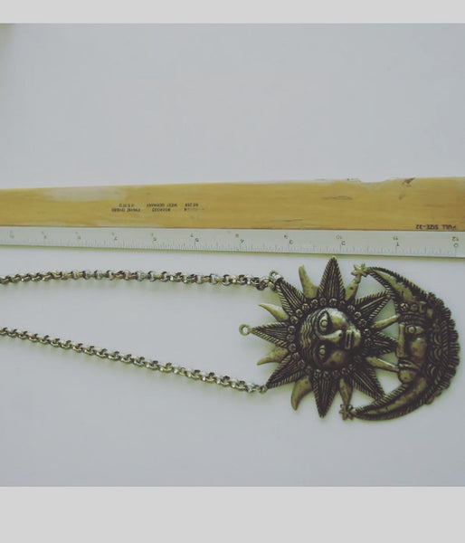 Vintage Brass Mayan Sun + Moon Necklace