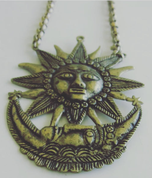 Vintage Brass Mayan Sun + Moon Necklace