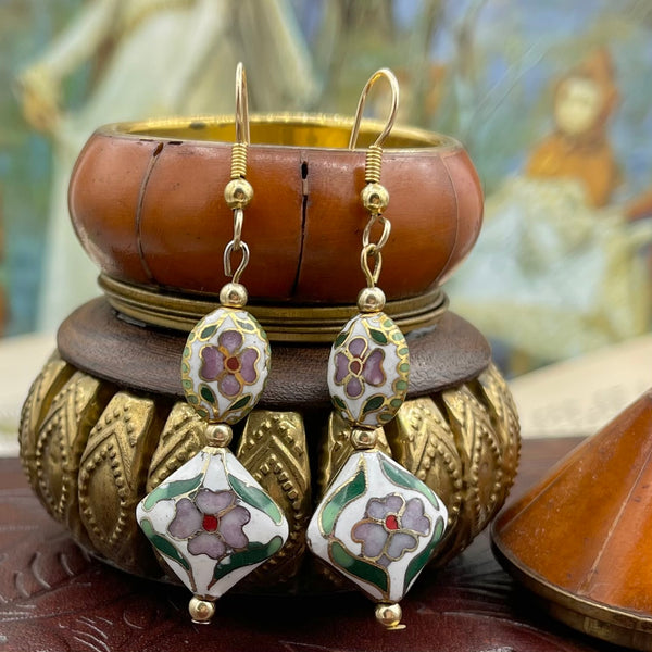 Vintage French Cloisonné Gold Plated Enamel Earrings