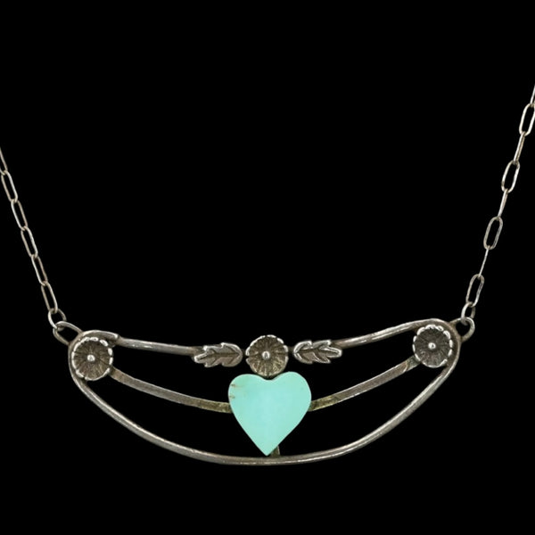 RARE Vintage 1970’s Sterling Silver and Turquoise Heart Ornate Necklace