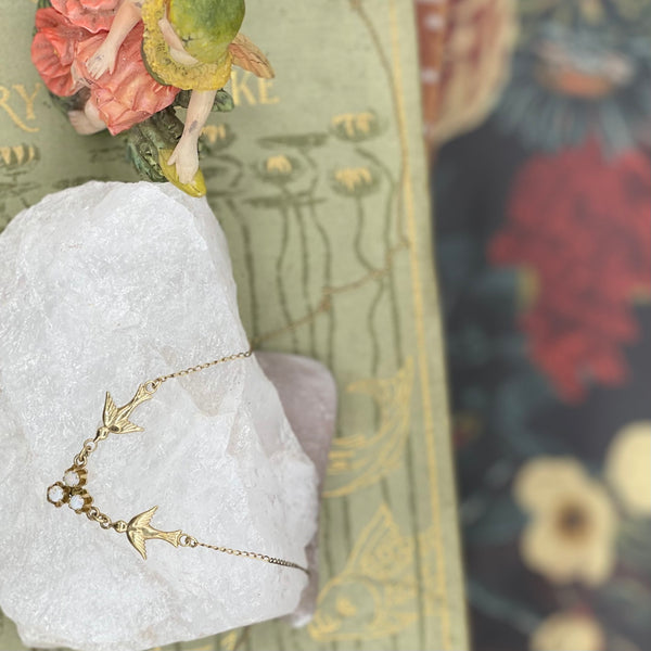 Vintage 14kt Gold Filled Love Bird Necklace with Opals