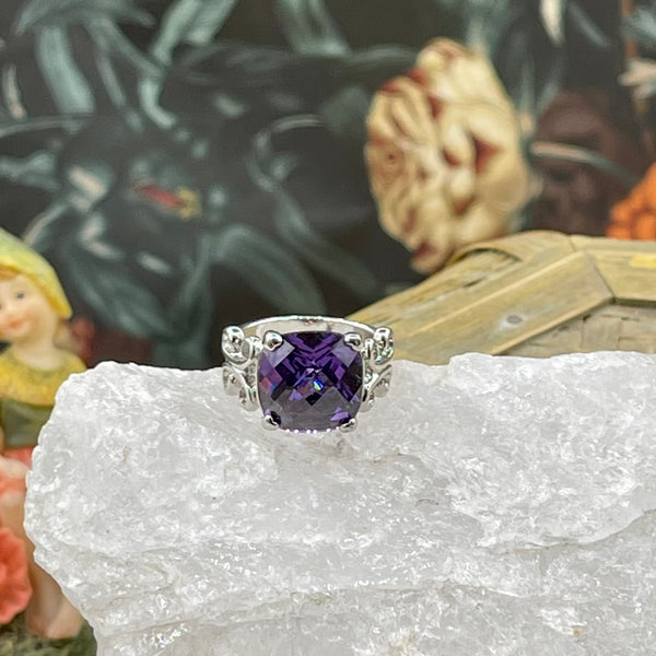 Sterling Silver Checkerboard Amethyst Filigree Ring