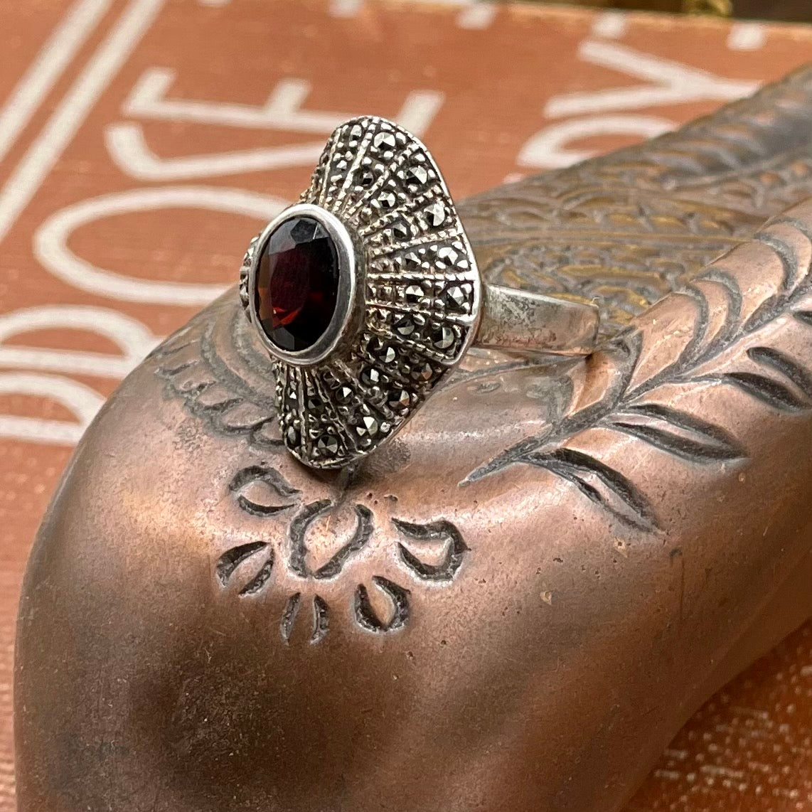 Vintage Abstract Garnet Sterling Silver Ring