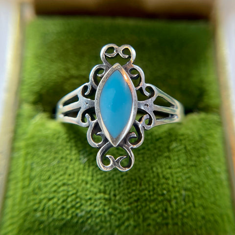 Vintage Sterling Silver Scrollwork Turquoise Enamel Ring