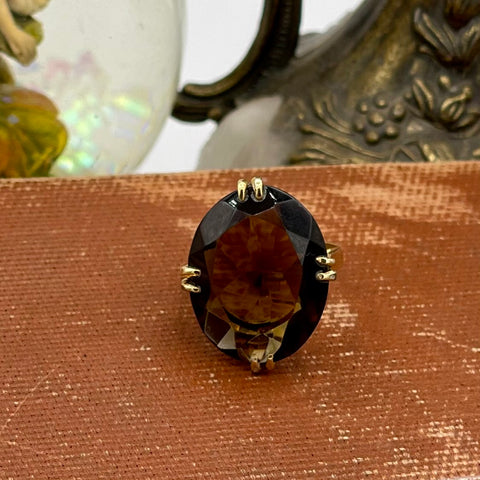 Vintage Gold Sterling Prong Set Faceted Smokey Quartz Statement Ring