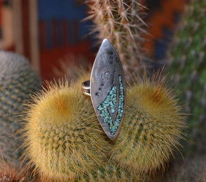 Navajo Handmade Crushed Turquoise Engraved Ring