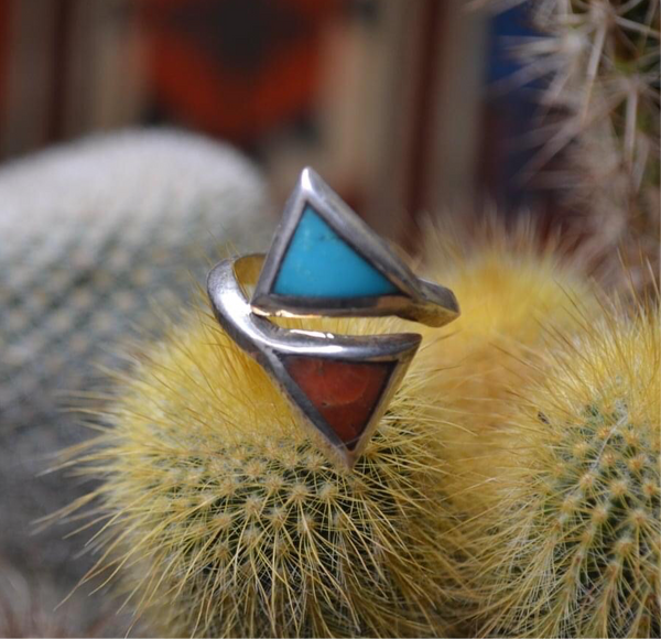 Quartzsite Turquoise + Coral Inlay Ring