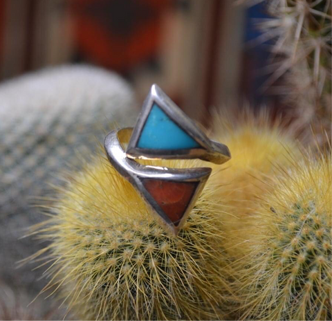 Quartzsite Turquoise + Coral Inlay Ring