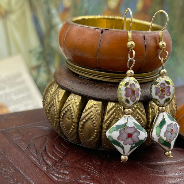 Vintage French Cloisonné Gold Plated Enamel Earrings