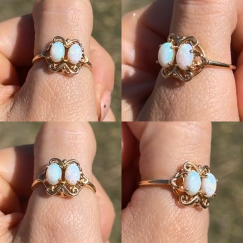 Vintage 14kt Yellow Gold Filigree Double Opal Ring