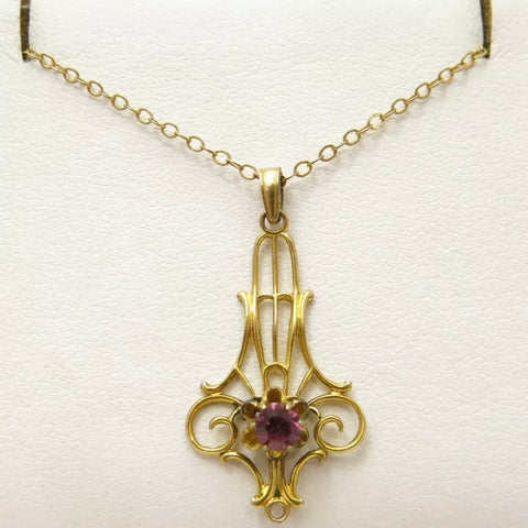 Vintage WC Co. Gold Filled Pink Glass Lavaliere Pendant Necklace