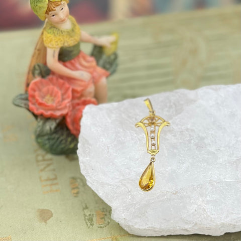 Art Nouveau 10kt Solid Yellow Gold Lavalier Citrine Pendant