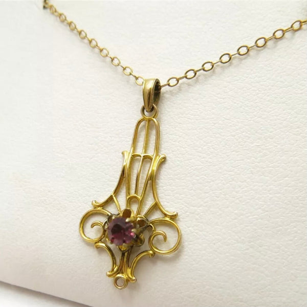 Vintage WC Co. Gold Filled Pink Glass Lavaliere Pendant Necklace